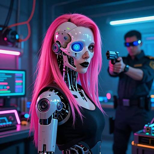Cyberpunk photograph: Female robot with pink hair, glowing blue eye, black tank top, facing armed male agent in neon-lit control room.
