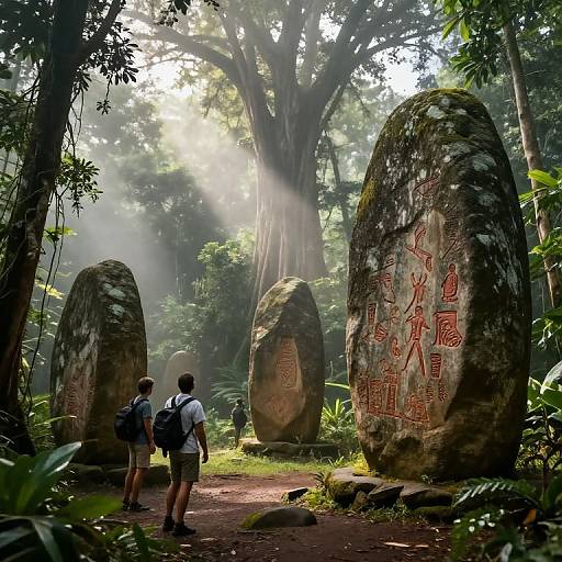 Photograph of two hikers with backpacks standing in a misty forest, admiring tall, ancient stone slabs with red Chinese characters. Sun