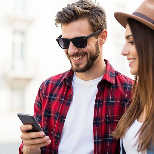 Photograph of smiling young couple; bearded man in red plaid shirt, black sunglasses, holding smartphone; woman in brown hat, white shirt.