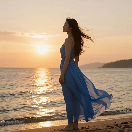 Photograph of a woman in a flowing blue dress standing on a beach at sunset, her silhouette backlit by the glowing sun.