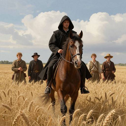 Photograph of a hooded person riding a brown horse in a golden wheat field, surrounded by five men in period clothing and hats, under a bright