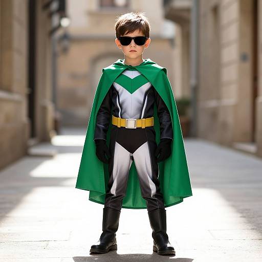 Photograph of a young boy in a Green Lantern costume with black gloves, boots, and sunglasses, standing in a sunlit, narrow alleyway.