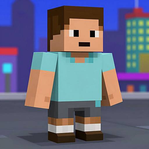 Pixel art of a blocky, brown-haired man in a light blue shirt, black pants, and white shoes, standing in a nighttime cityscape.