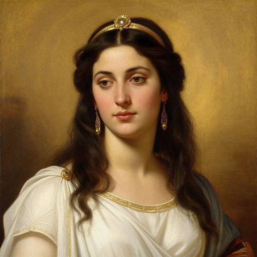Classical-style painting of a young woman with long dark hair, wearing a white toga, golden headband, and earrings, against a golden background