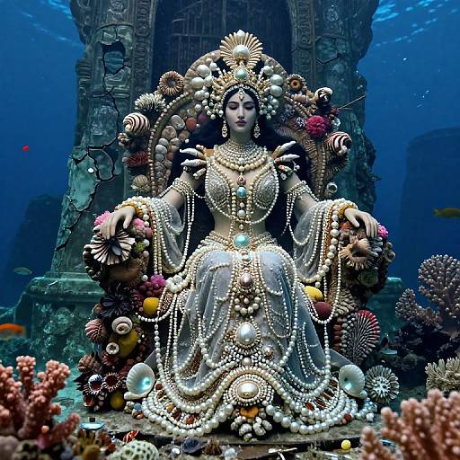 Photorealistic digital artwork of a sea-queen with ornate pearl jewelry, seated on a coral throne, surrounded by underwater coral and fish, in