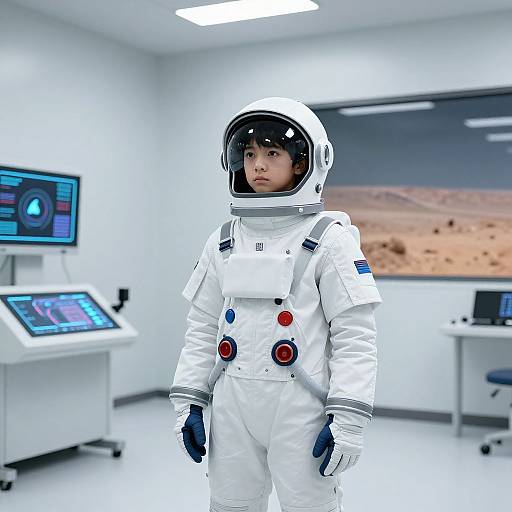 Photograph of a young Asian child in a white astronaut suit with a clear helmet, standing in a modern, brightly lit space control room with monitors and