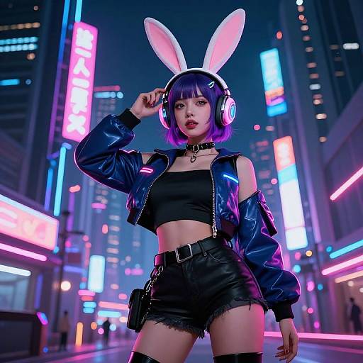 Digital art of a futuristic city at night featuring a woman in a black crop top, high-waisted shorts, blue jacket, and bunny ears,