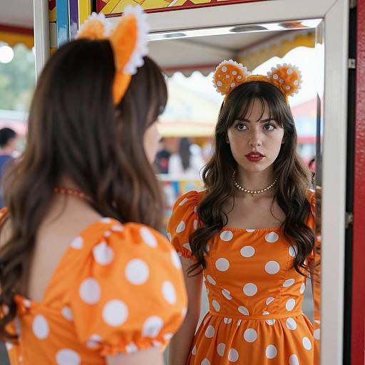 Photograph of a young woman with dark hair, wearing an orange polka dot dress, matching headband, and pearl necklace, standing in front of