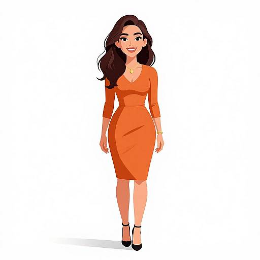 Digital illustration of a smiling woman with long brown hair, wearing a form-fitting, long-sleeve orange dress and black heels, standing against a