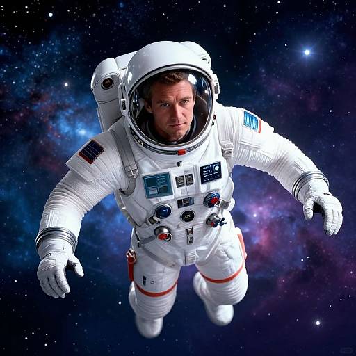 Photorealistic image of a serious Caucasian male astronaut floating in space, wearing a white spacesuit with patches and buttons, against a starry, colorful