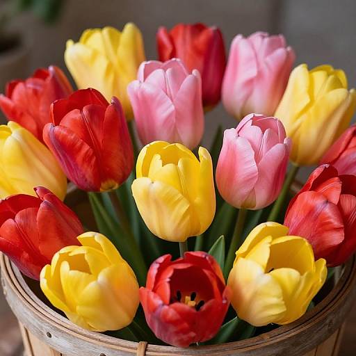 Photograph of a wooden basket filled with vibrant red, yellow, and pink tulips, arranged in a colorful, symmetrical pattern.