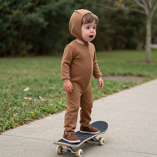 Photograph of a curious toddler in a brown onesie with hood, riding a small skateboard on a concrete path in a grassy park.