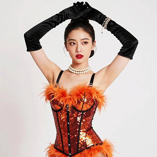Photograph of an elegant Asian woman with dark hair in an updo, wearing a red sequined corset with orange feather trim, black gloves,