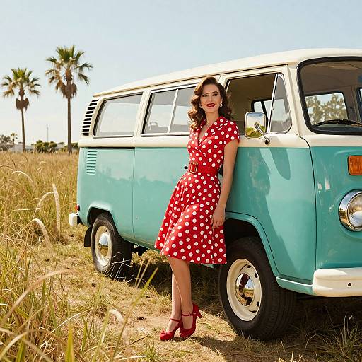 Photograph of a smiling woman with curly brown hair in a red polka dot dress and red heels, leaning against a vintage blue and white VW van