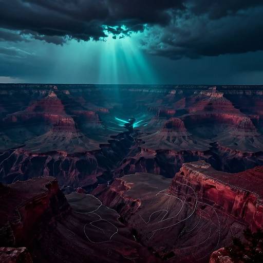 Digital artwork of the Grand Canyon at night, featuring dramatic blue and red lighting, illuminated by moonlight beams through dark clouds.