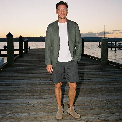 Photograph of a handsome man with short dark hair, wearing a green blazer, white tee, black shorts, and beige boots, standing on a