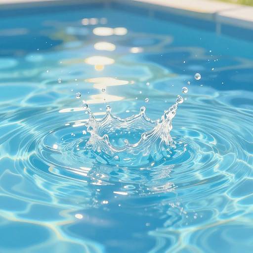 Photograph of a water splash in a vibrant blue swimming pool, capturing the droplets and ripples with bright sunlight reflecting on the water's surface.