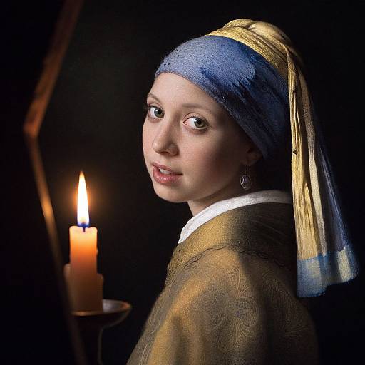 Photorealistic digital portrait of a young woman with pale skin, blue headscarf, gold and blue headdress, brown dress, earrings, looking