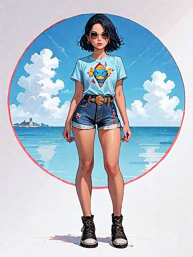 Casual Young Woman in Graphic Tee and Denim Shorts