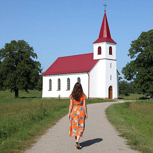 Photograph of a woman with long dark hair in an orange floral dress walking towards a white church with a red roof and steeple on a sunny