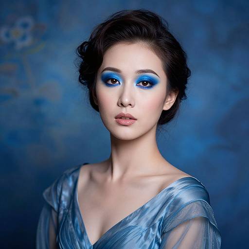 Photograph of a fair-skinned woman with dark hair, blue eyeshadow, and sheer blue dress, against a blue, floral-patterned background