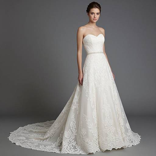 Photograph of a fair-skinned woman with dark hair in an elegant, strapless white lace wedding gown, standing against a gray backdrop.