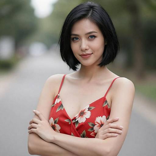 Fair-Skinned Woman in Red Floral Dress