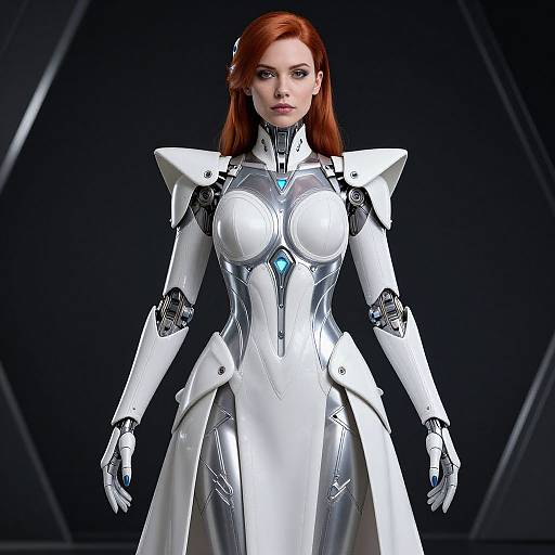 Digital art of a red-haired woman in a futuristic, white and silver armored dress with blue accents, standing against a dark, geometric background.