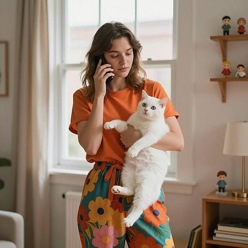 Casual Home Scene with Woman and Cat