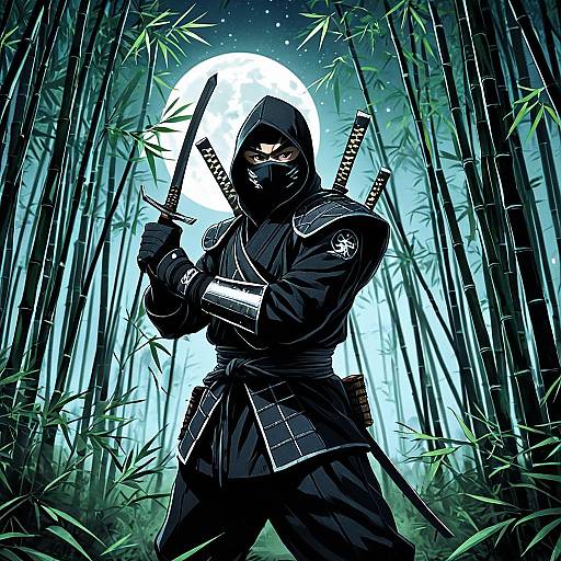 Mysterious Ninja in Moonlit Bamboo Grove