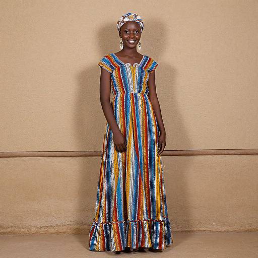 Photograph of a smiling Black woman in a colorful, vertical-striped dress and matching headscarf, standing against a plain beige wall.