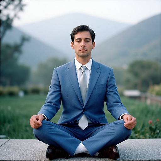 Photograph of a serious, dark-haired man in a blue suit and white tie, meditating cross-legged outdoors with blurred mountains and trees in the background