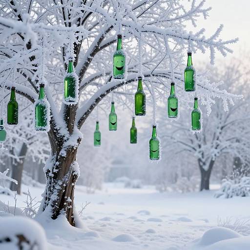 Photograph of snow-covered trees with green glass beer bottles hanging from branches, creating a surreal winter scene.