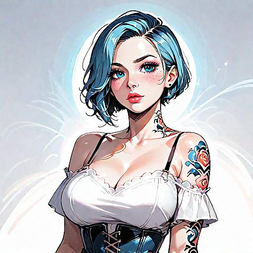 Stylish woman with blue hair and tattoos