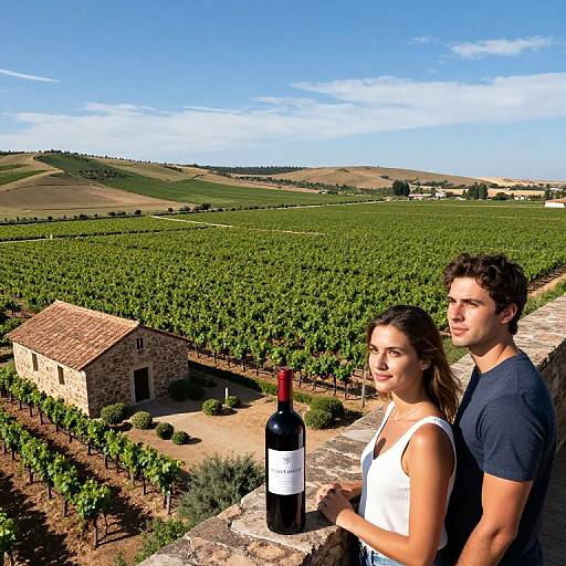 Photograph of a young couple standing on a stone wall overlooking a vineyard with a stone building, clear blue sky, and rolling hills, with a
