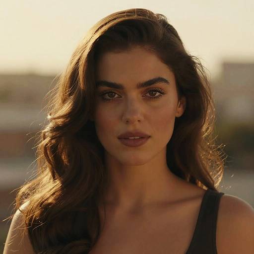 Photograph of a young woman with long, wavy brown hair, brown eyes, and wearing a black tank top, bathed in warm, golden