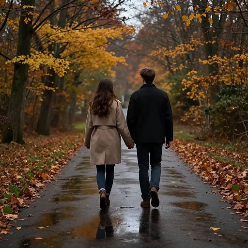 Photograph of a couple holding hands, walking down a wet, leaf-strewn path in a forest with vibrant autumn yellow and orange leaves.