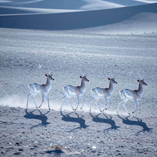 Photograph of four glowing, illuminated reindeer standing in a sparkling, snowy landscape with rolling blue and white hills in the background.