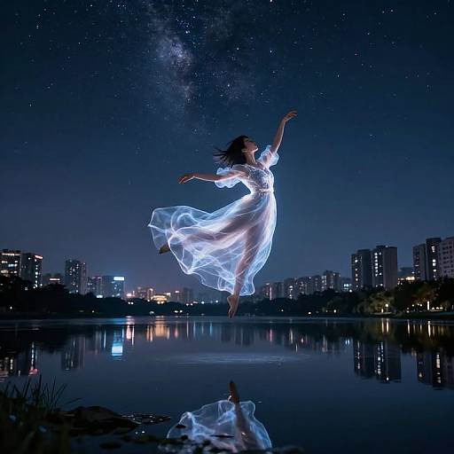 Photograph of a woman in a glowing, translucent white dress, mid-jump, over a reflective lake at night with a starry sky and city