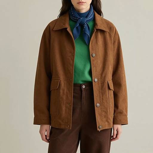 Photograph of a person with medium-length dark hair, wearing a brown suede jacket, green sweater, blue bandana, and brown pants, against a