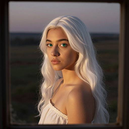 Photograph of a young woman with long, wavy white hair, green eyes, and fair skin, wearing a strapless white top, illuminated by