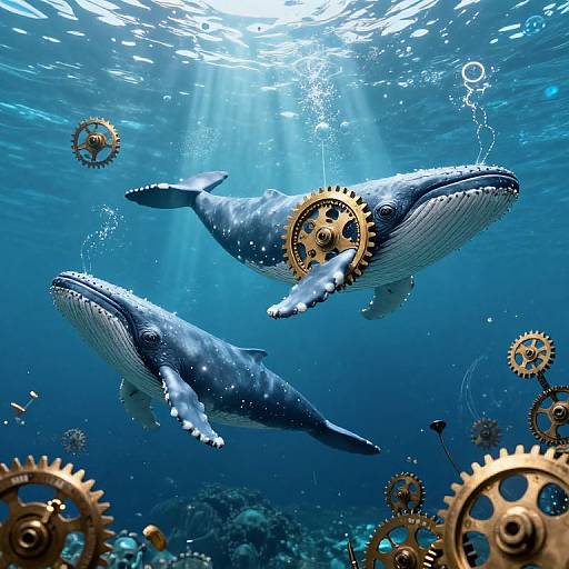 Digital illustration of two blue whales swimming underwater, adorned with gold gears, surrounded by various floating gears, with sunlight piercing the water above. Steampunk