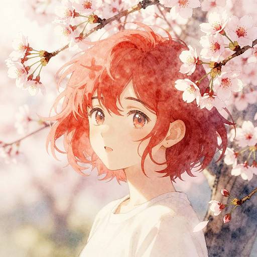 Whimsical Red Hair Amid Cherry Blossoms