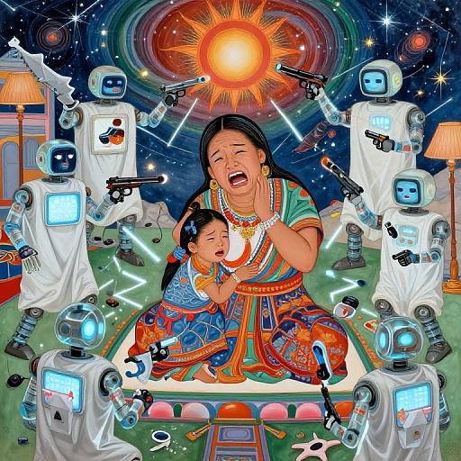 Vibrant digital illustration of a crying Asian woman in colorful traditional dress, cradling a child, surrounded by robotic drones, under a bright,