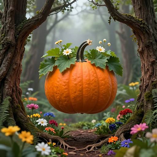 Photograph of a textured, orange pumpkin with green leaves and small flowers, suspended in a forest arch of twisted, moss-covered trees, surrounded by colorful