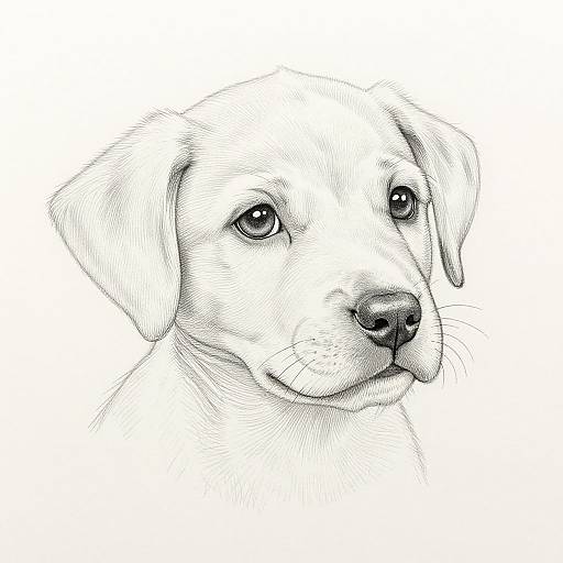 Detailed black-and-white line drawing of a Labrador Retriever's head, focusing on expressive eyes, floppy ears, and gentle expression.