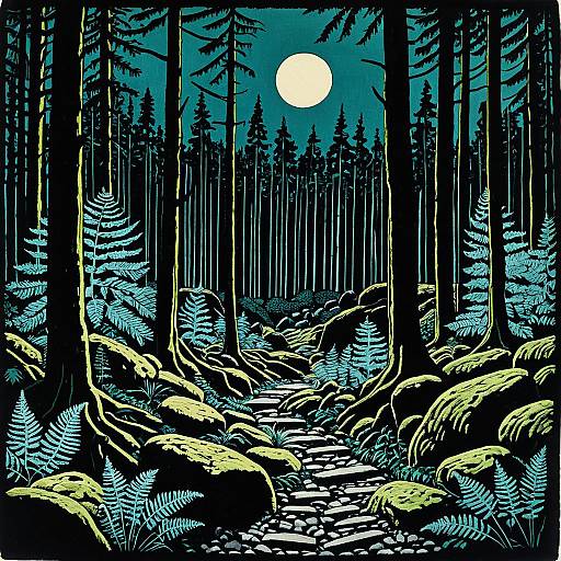 Kirchner-Inspired Moonlit Forest Block Print