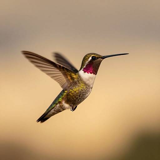 Photograph of a vibrant hummingbird in mid-flight, displaying iridescent green, white, and purple feathers against a soft, blurred beige and yellow