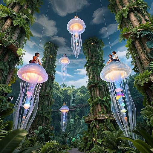 Children Riding Jellyfish Over Inverted Jungle