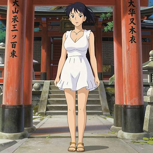 Anime-style digital drawing of a black-haired woman in a white dress and sandals, standing in front of red torii gates. Japanese text on columns.